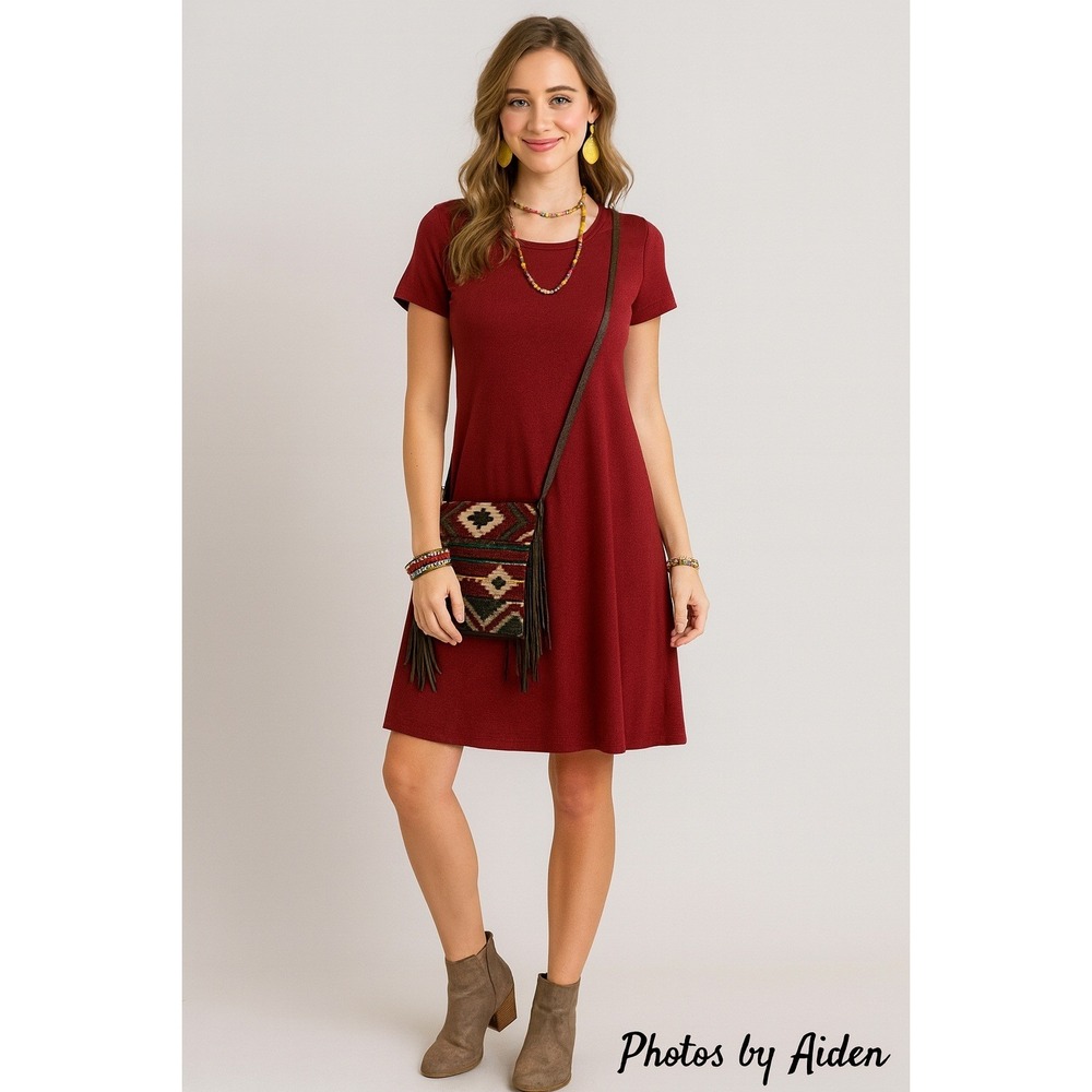 Jodifl Women's Red Short Sleeve Scoop Neck‎ Pullover Tee A - Line Dress Size S